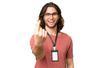 Young handsome man with ID card over isolated background doing coming gesture