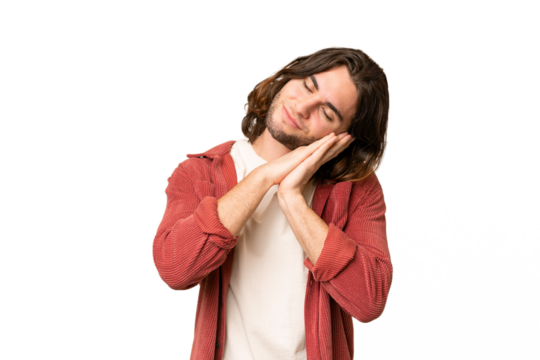 Young handsome man over isolated background making sleep gesture in dorable expression - Powered by Adobe