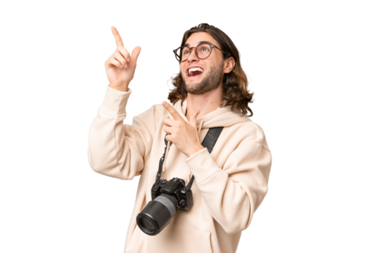 Young photographer man over isolated background pointing with the index finger a great idea