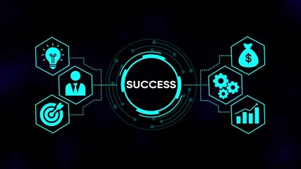 Business success strategy concept with glowing neon icons for idea growth finance goals and teamwork on dark digital background abstract technology infographic elements - Powered by Adobe