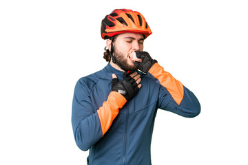 Young cyclist man over isolated chroma key background is suffering with cough and feeling bad