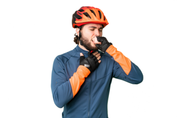 Young cyclist man over isolated chroma key background is suffering with cough and feeling bad