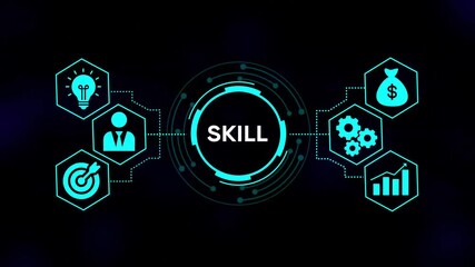 Skill development concept with glowing neon icons representing idea person target gears money growth and data analysis connected by digital network lines on dark background - Powered by Adobe