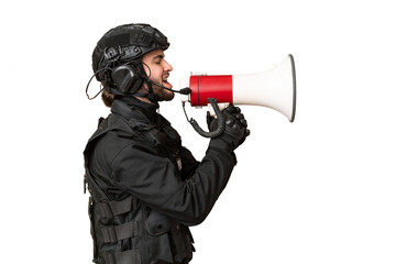 SWAT over isolated chroma key background shouting through a megaphone