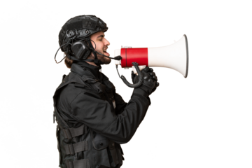 SWAT over isolated chroma key background shouting through a megaphone