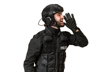 SWAT over isolated chroma key background shouting with mouth wide open to the lateral