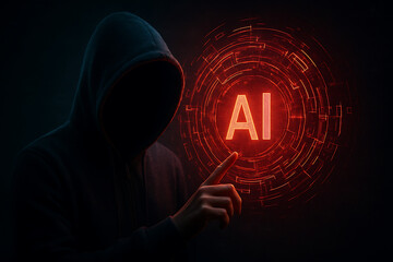 Man using a glowing futuristic user interface screen for data analysis and security monitoring in a dark technical environment