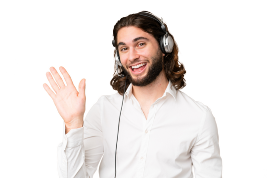 Telemarketer man working with a headset over isolated chroma key background saluting with hand with happy expression