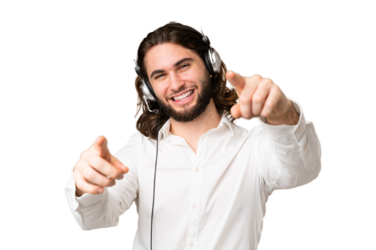 Telemarketer man working with a headset over isolated chroma key background points finger at you while smiling - Powered by Adobe