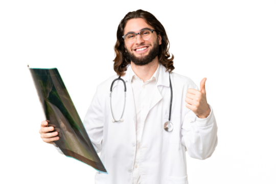 Young handsome man over isolated chroma key background wearing a doctor gown and holding a bone scan