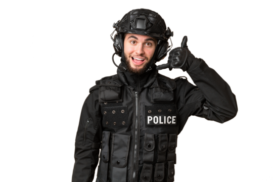 SWAT over isolated chroma key background making phone gesture. Call me back sign