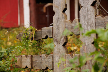 Wooden fence detail showcasing rustic charm in a serene countryside setting during autumn afternoon