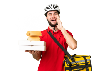 Young delivery man with thermal backpack over isolated chroma key background shouting with mouth wide open