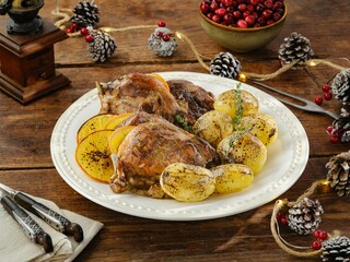 Succulent roasted chicken is served with golden potatoes and citrus slices. The table features pine cones, cranberries, and warm lighting, creating a cozy holiday atmosphere