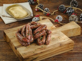 Deliciously grilled sausages sit attractively on a wooden cutting board. A dollop of mustard accompanies the dish, surrounded by pinecones and red berries, creating a cozy atmosphere