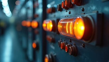 Industrial control panel glows with orange lights and complex machinery. Automation and precision in a factory setting, showing system operational status and electrical power.