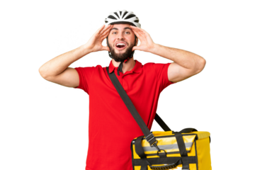 Young delivery man with thermal backpack over isolated chroma key background with surprise expression