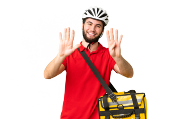 Young delivery man with thermal backpack over isolated chroma key background counting nine with fingers