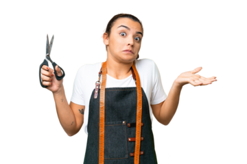 Seamstress woman over isolated chroma key background having doubts while raising hands