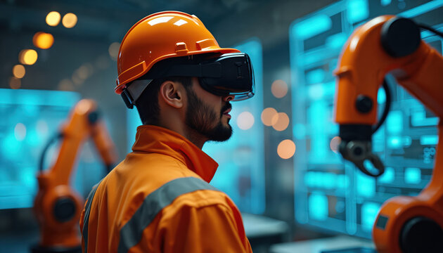 Engineer uses VR headset with robotic arms. Man with safety helmet in virtual reality among industrial machinery at control room. Modern factory automated production tech innovations. Digital