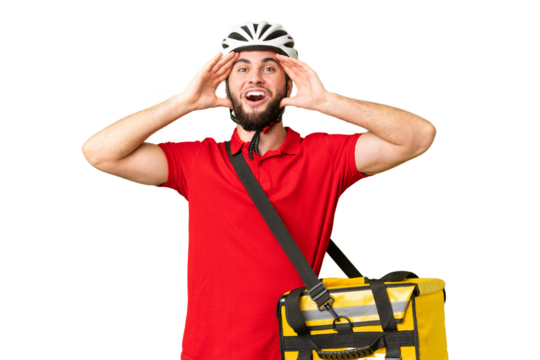 Young delivery man with thermal backpack over isolated chroma key background with surprise expression
