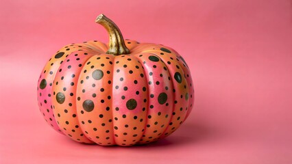 A brightly painted orange and pink polka dot pumpkin against a solid pink background