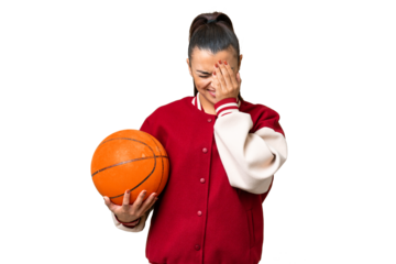Young Woman playing basketball over isolated chroma key background with tired and sick expression