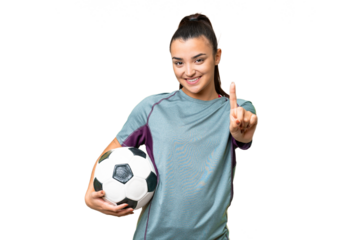 Young football player Woman over isolated chroma key background showing and lifting a finger