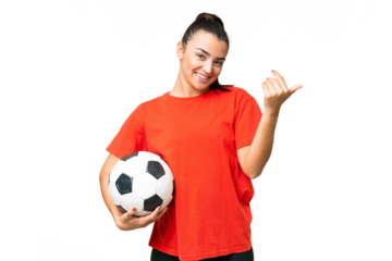 Young beauty woman over isolated chroma key background with soccer ball and doing coming gesture