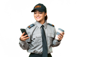 Young safeguard woman over isolated chroma key background holding coffee to take away and a mobile