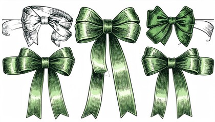Elegant Green Ribbon Bows Collection - Decorative Design Elements.