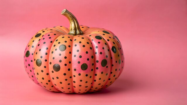 A brightly painted orange and pink polka dot pumpkin against a solid pink background