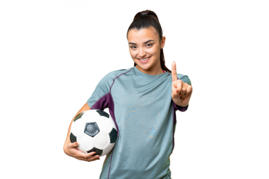 Young football player Woman over isolated chroma key background showing and lifting a finger - Powered by Adobe