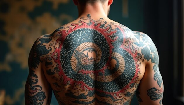 Man poses showing strong back muscles with detailed dragon tattoo. Intricate mythical creature design covers full back, shoulders, arms. Features vibrant red flames, traditional patterns. Large body