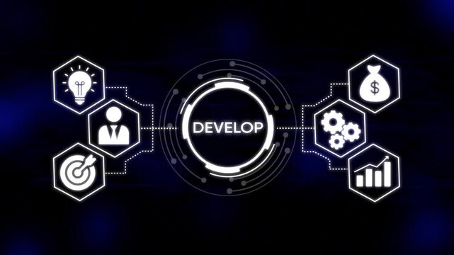 Digital business development process icons connect to central word develop showing idea growth strategy finance and success on dark blue grid background futuristic technology concept for