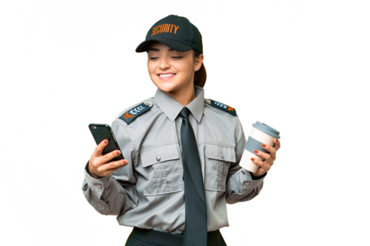 Young safeguard woman over isolated chroma key background holding coffee to take away and a mobile