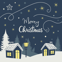 Naklejka premium Merry christmas greeting card with snowy winter landscape, houses, christmas tree, street lamp, star and snowflakes on dark blue background