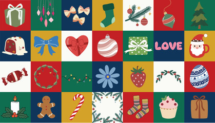 Festive Christmas Holiday Icon Collage with Gingerbread Cookie Candy Cane Gift Box Santa Mug Pine Branch Stocking Wreath Candle Cupcake Background Pattern