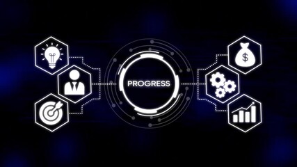 Futuristic digital infographic showcasing business growth strategy with icons for idea generation target achievement team collaboration financial success and data analysis on a dark blue grid - Powered by Adobe