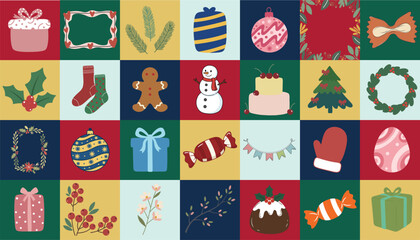 Festive Holiday Elements Collage Merry Christmas and Winter Icons Seamless Pattern Background with Gifts Snowman Ornament Tree Holly Berries and Candy Illustrations