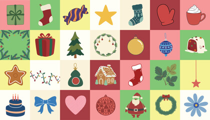 Festive Christmas Icons Collage Holiday Symbols Collection Cute Winter Celebration Elements Gift Stocking Tree Gingerbread Wreath Santa