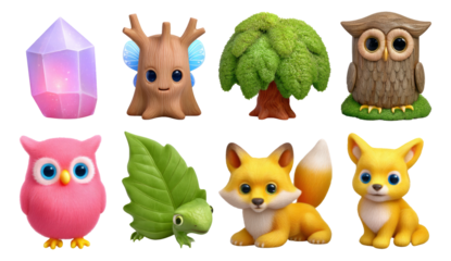 Soft 3D Creatures and Forest Elements Isolated on Transparent Background