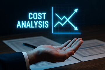 Cost analysis representation with a line graph showing intersecting upward and downward trends for financial planning and evaluating profitability in business strategy