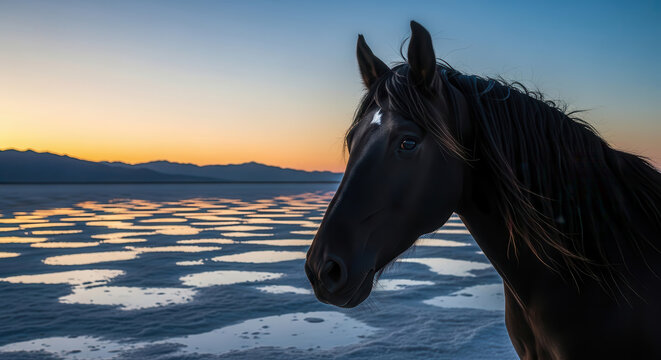 Majestic black horse stands gracefully against a stunning sunset backdrop, reflecting on shimmering water, embodying tranquility and natural beauty in a serene landscape