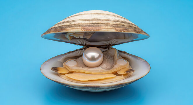 Open seashell displaying a lustrous pearl nestled inside, showcasing intricate textures and colors against a vibrant blue background, symbolizing beauty and nature's treasures