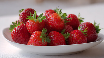 Strawberries in a bowl on a white tablecloth, selective focus
