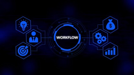 Digital workflow concept with interconnected icons representing idea person target gears money growth and data flow on a dark blue technological background - Powered by Adobe