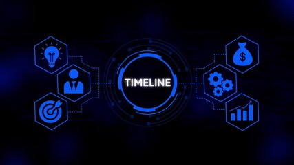 Futuristic digital timeline concept with interconnected business icons idea person target money gears growth chart abstract technology background blue glowing network - Powered by Adobe