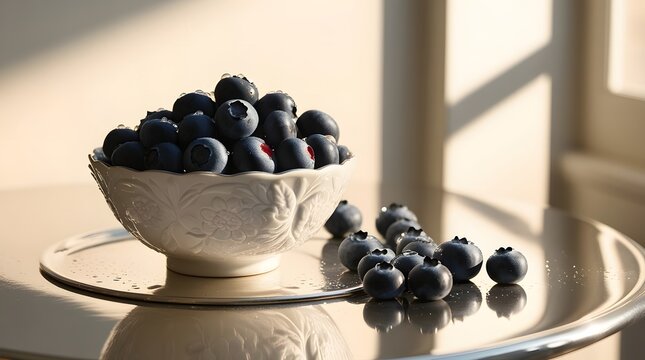 Fresh ripe blueberries served in a decorative white bowl on a reflective surface