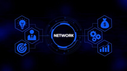 Digital network concept with interconnected icons representing business growth idea generation team collaboration financial success and strategic targeting on a dark blue technological background - Powered by Adobe